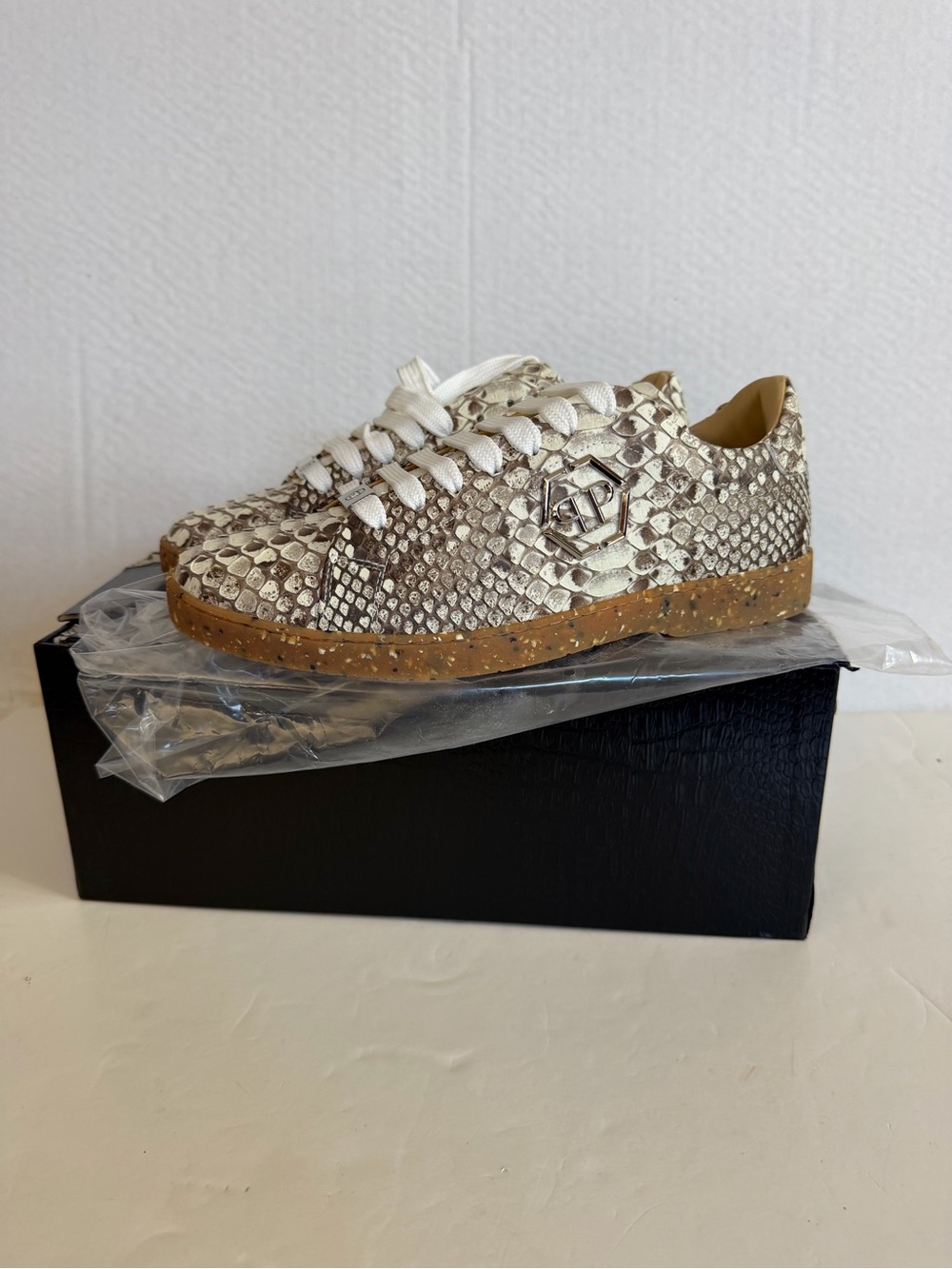 NIB Philipp Plein Real Python  Lo-Top Sneakers in beige/Metallic EU 41(Men US 8)